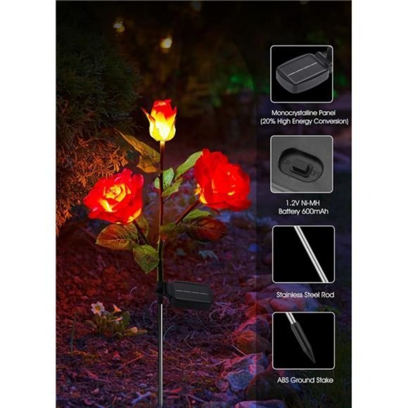Outdoor Solar Garden Light-4 Pack LED Flower Light &‎ Realistic Rose, Waterproof - Picture 4 of 6